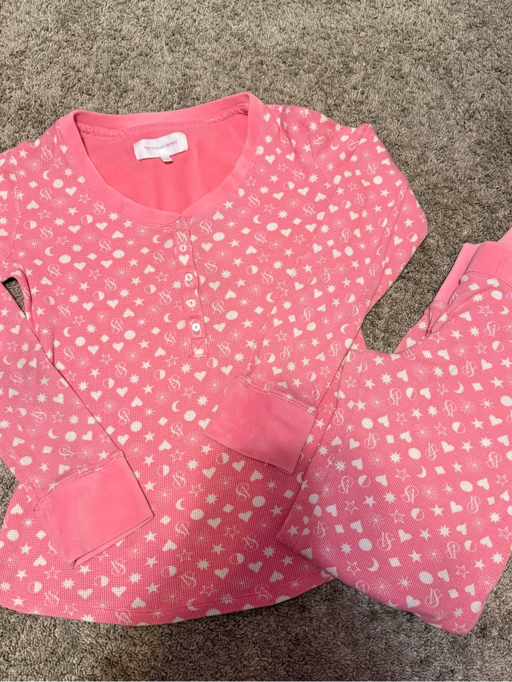 Victoria Secret Pink Thermal Waffle Knit Pajama Set Henley Joggers Print Size L